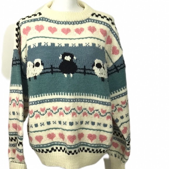 Vintage Sweaters - vintage Handmade Sheep Farm Heart Folk Art Sweater